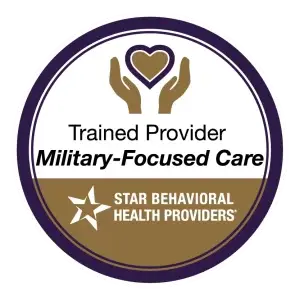 Logo of Star Behavioral Health Providers with text "Trained Provider Military-Focused Care" and an icon of hands holding a heart.