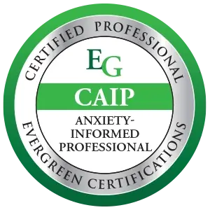 A round badge with "Certified Professional" at the top, "Evergreen Certifications" at the bottom, and "EG CAIP Anxiety-Informed Professional" in the center.