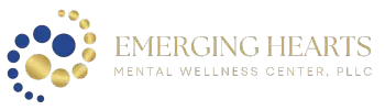 Logo of Emerging Hearts Mental Wellness Center, PLLC featuring blue and gold circular design elements and the organization's name in gold text on a transparent background.